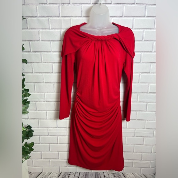 ELLEN TRACY Red Ruched Cowl Neck Long Sleeve Cocktail Gown/size S - Picture 2 of 10